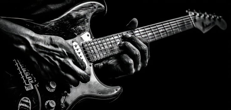 The passionate hands of a musician playing an electric guitar in black and white. photo