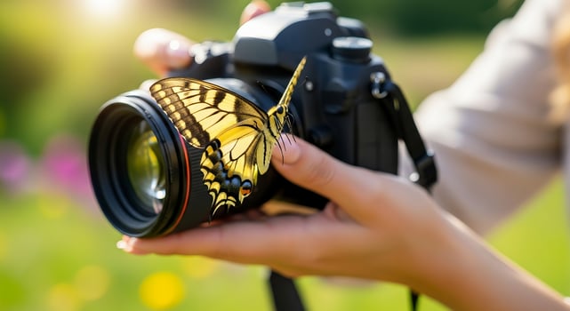 A woman holding a camera with a butterfly on it photo