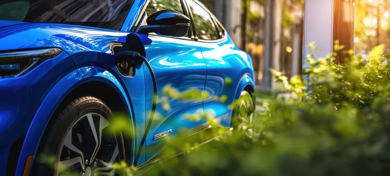 The stunning blue electric car charging in a vibrant urban garden setting. photo
