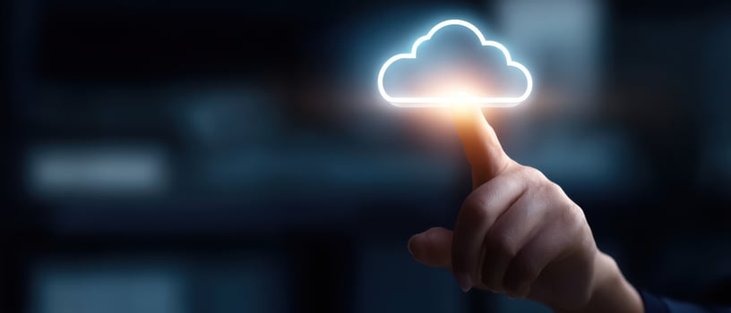 The Hand Tapping a Glowing Cloud Icon in a Digital Environment. photo