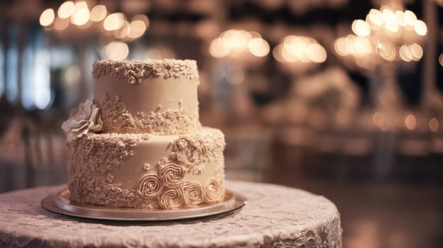 The exquisite wedding cake adorned with delicate floral designs and elegant decorations. photo