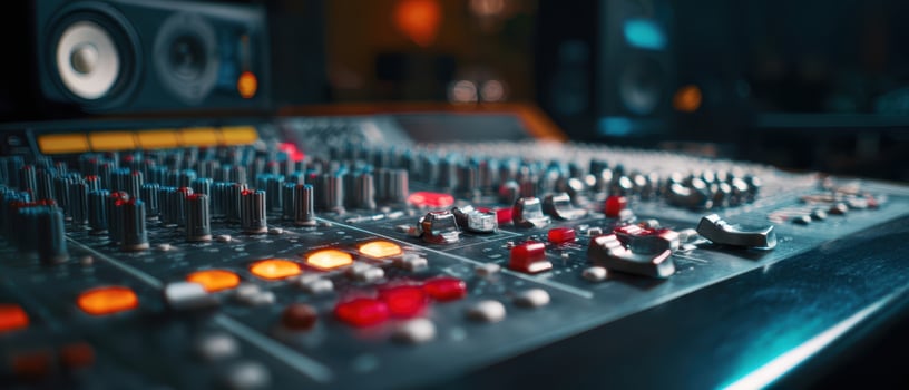 The vibrant audio mixer illuminated in a modern music production studio. photo