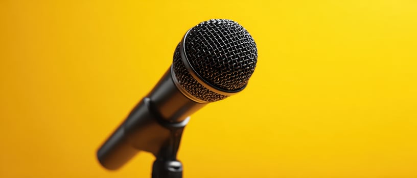 The microphone against a vibrant yellow background showcasing performance potential. photo