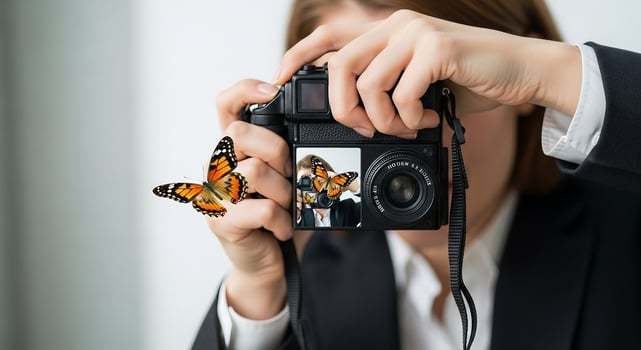 A woman taking a picture of butterflies with a camera photo