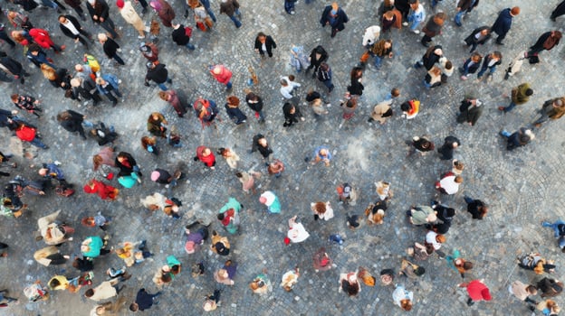 The crowded scene from above showcasing diverse people in an urban setting. photo