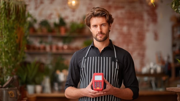 The man holding a payment device in a cozy cafe environment. photo