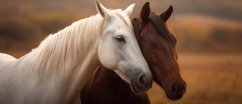 The beautiful bond between two horses in a serene autumn pasture. photo