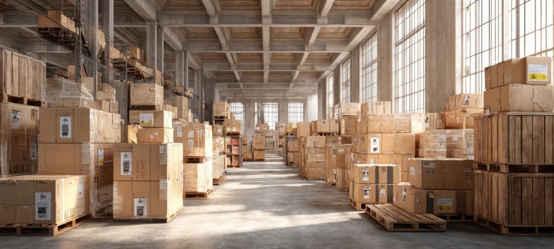The spacious warehouse filled with neatly organized cardboard boxes and pallets. photo