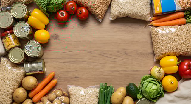 A circle of food items arranged on a wooden table photo