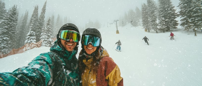 The joyful couple enjoying a snowy day at the ski resort together. photo