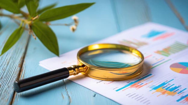 The magnifying glass enhancing details of financial analysis and growth trends. photo