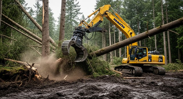 A yellow excavator is cutting down a tree photo