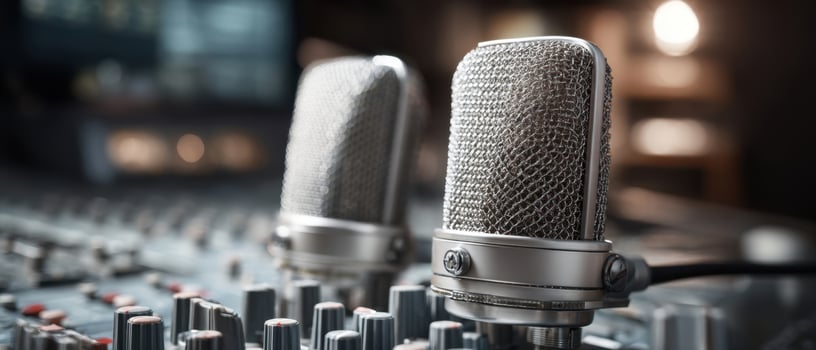 The vintage microphones capturing audio in a modern recording studio setting. photo