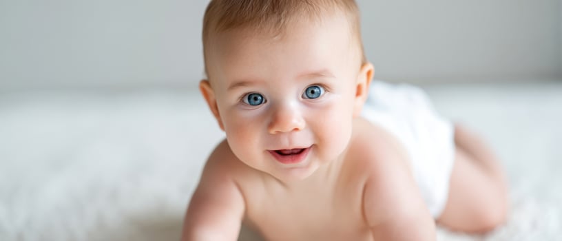 The joyful baby crawling playfully on a soft white surface. photo