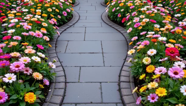 a circular courtyard path formed by dark tiles, framed by symmetrical flower beds filled with pastel colored zinnias and snapdragons. photo