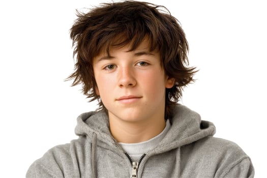 Young person portrait studio headshot dark brown hair and gray hoodie photo