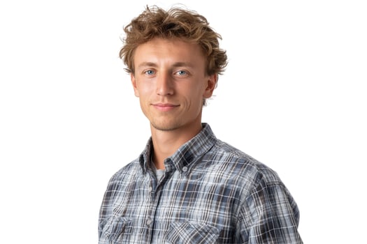 Young man portrait with curly hair and plaid shirt on white background photo