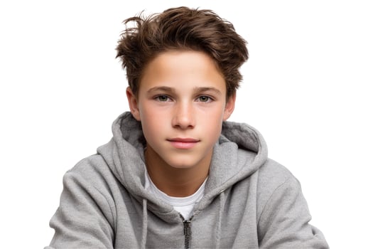 Youth portrait in gray hoodie against clean white background expressing calm confidence and direct gaze photo