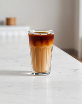 Glass of iced coffee with layered effect sitting on a white surface photo