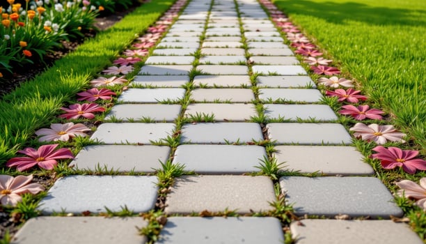a decorative walkway bordered by alternating squares of grass and blooming flower tiles. photo