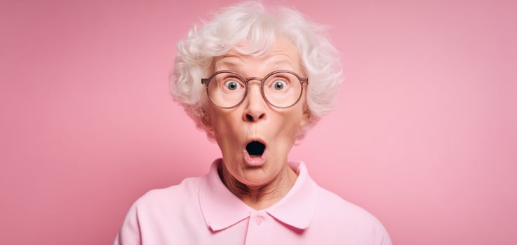 The surprised elderly woman with glasses expressing joy in a pink background. photo