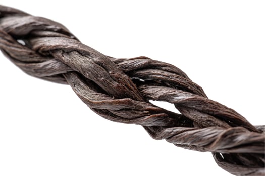 Textured dark brown braided rope against white background close up photo