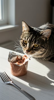 A cat looking at a food container photo