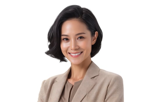 Smiling asian businesswoman in professional attire isolated on white background photo