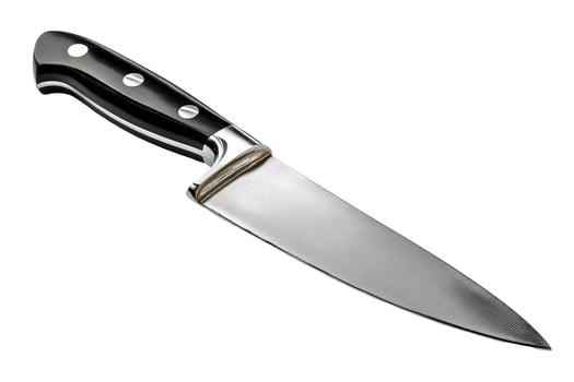 Silver kitchen knife with black handle on white background photo