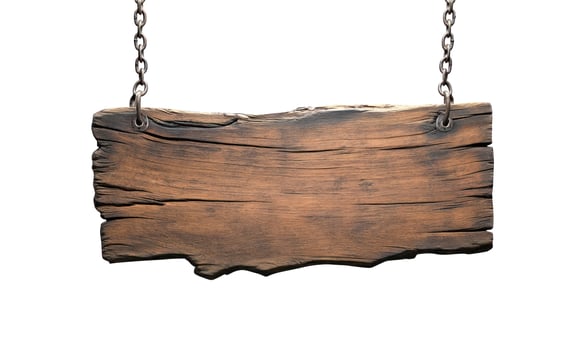 Rustic wood sign hanging from chains for message or advertisement photo