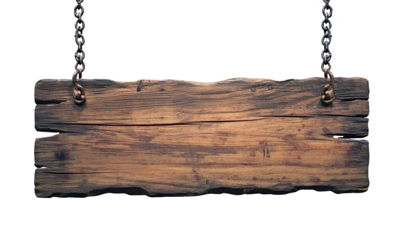 Rustic wood sign hanging from chains isolated on white background photo