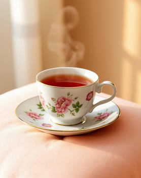 Elegant porcelain teacup and saucer set with floral pattern, filled with tea and steam. photo