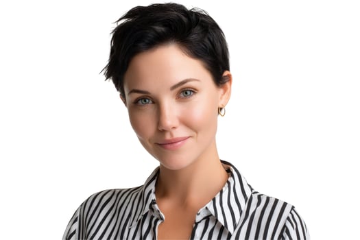 Professional headshot of a young woman with short hair on isolated white background photo