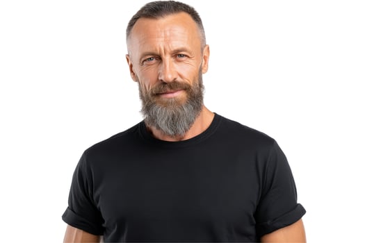 Portrait of serious man with beard in black t shirt on white background photo