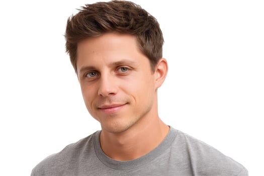 Portrait of smiling man with gray shirt on white background headshot studio style photo