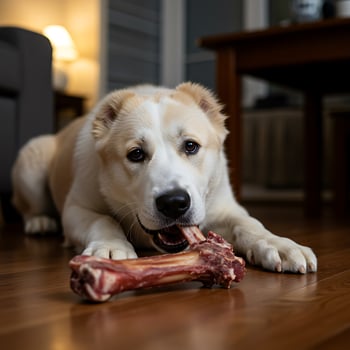 A dog chewing on a bone on the floor photo