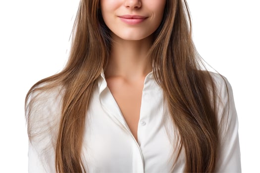 Portrait of smiling brunette woman in white shirt in studio photo