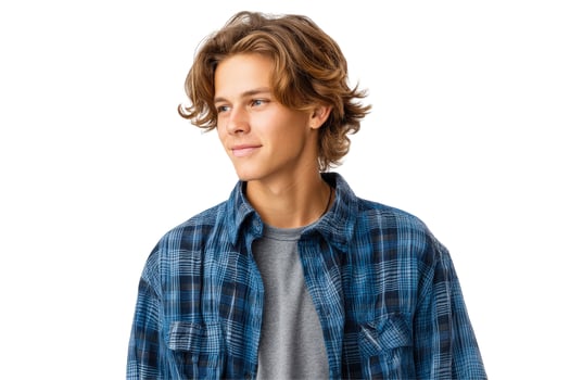 Portrait of a young man with wavy hair in casual attire on white background fashion and lifestyle photo