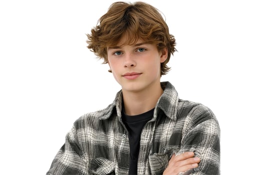 Portrait of a young man in plaid shirt studio shot on white background photo