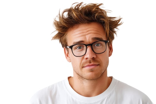 Portrait of a young person wearing glasses against white background photo