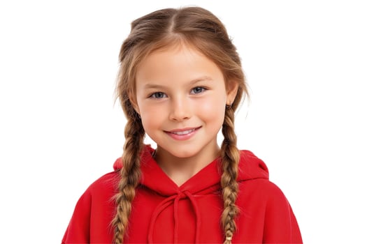 Portrait of a smiling young girl with braids in red hoodie on white background photo