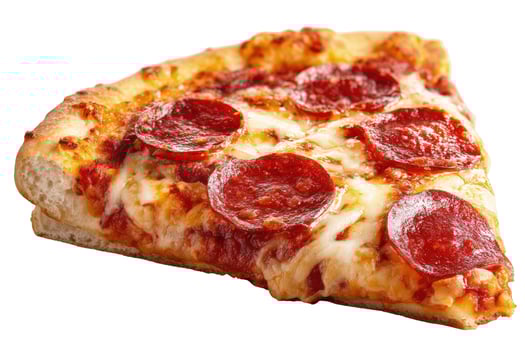 Pizza slice with pepperoni and cheese isolated on white appetizing food close up photo