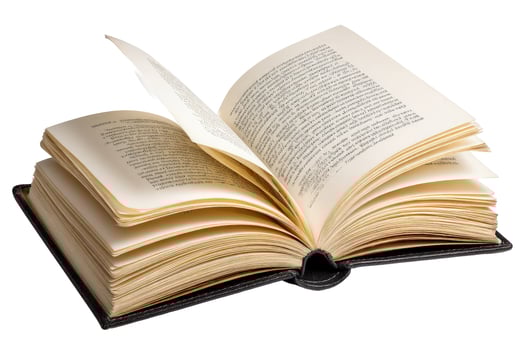 Open book with text on white background symbolizing knowledge and education photo