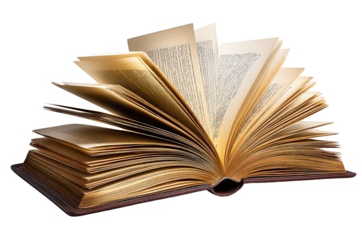 Open book with yellowed pages on white background photo