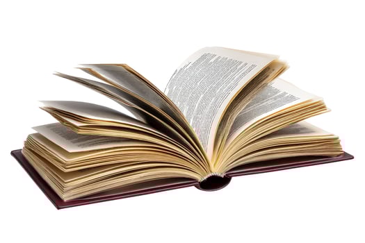 Open book revealing pages and content isolated on white background photo