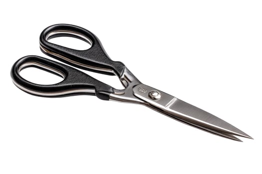 Metal scissors with black handles isolated on white background precision cutting tool photo