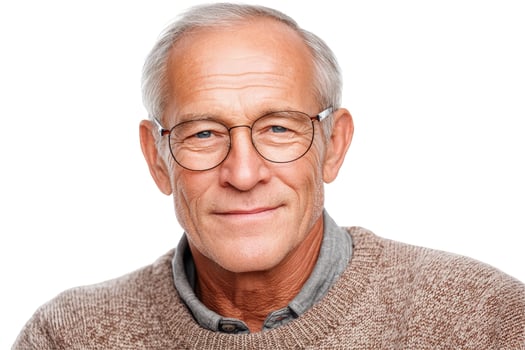 Mature man portrait senior adult wearing glasses against white background photo