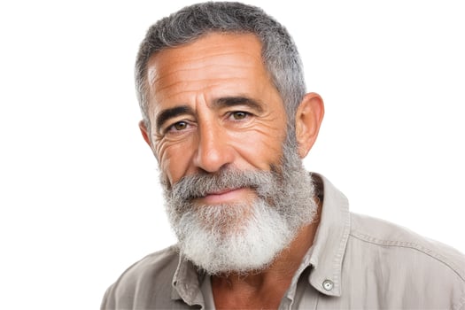 Mature man portrait with gray beard and hair on white background photo