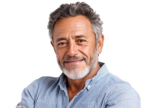 Mature man smiling headshot portrait against white background photo