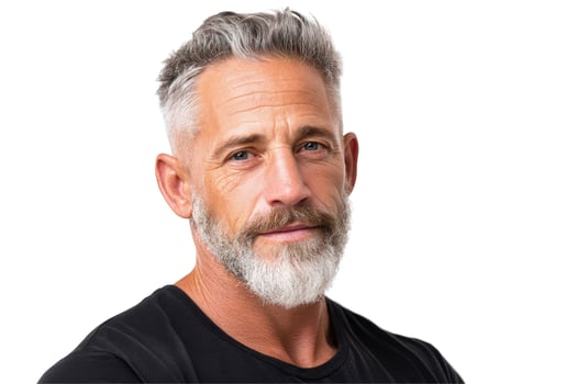 Mature man portrait headshot on white background gray hair blue eyes clean modern style photo